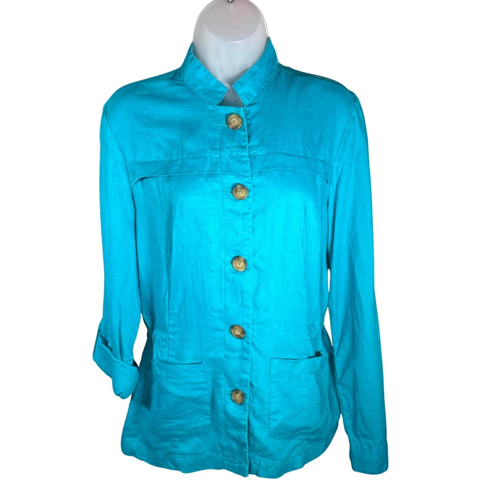 Coldwater Creek Turquoise 100% Linen Roll-Tab Sleeve Utility Jacket - Size 10